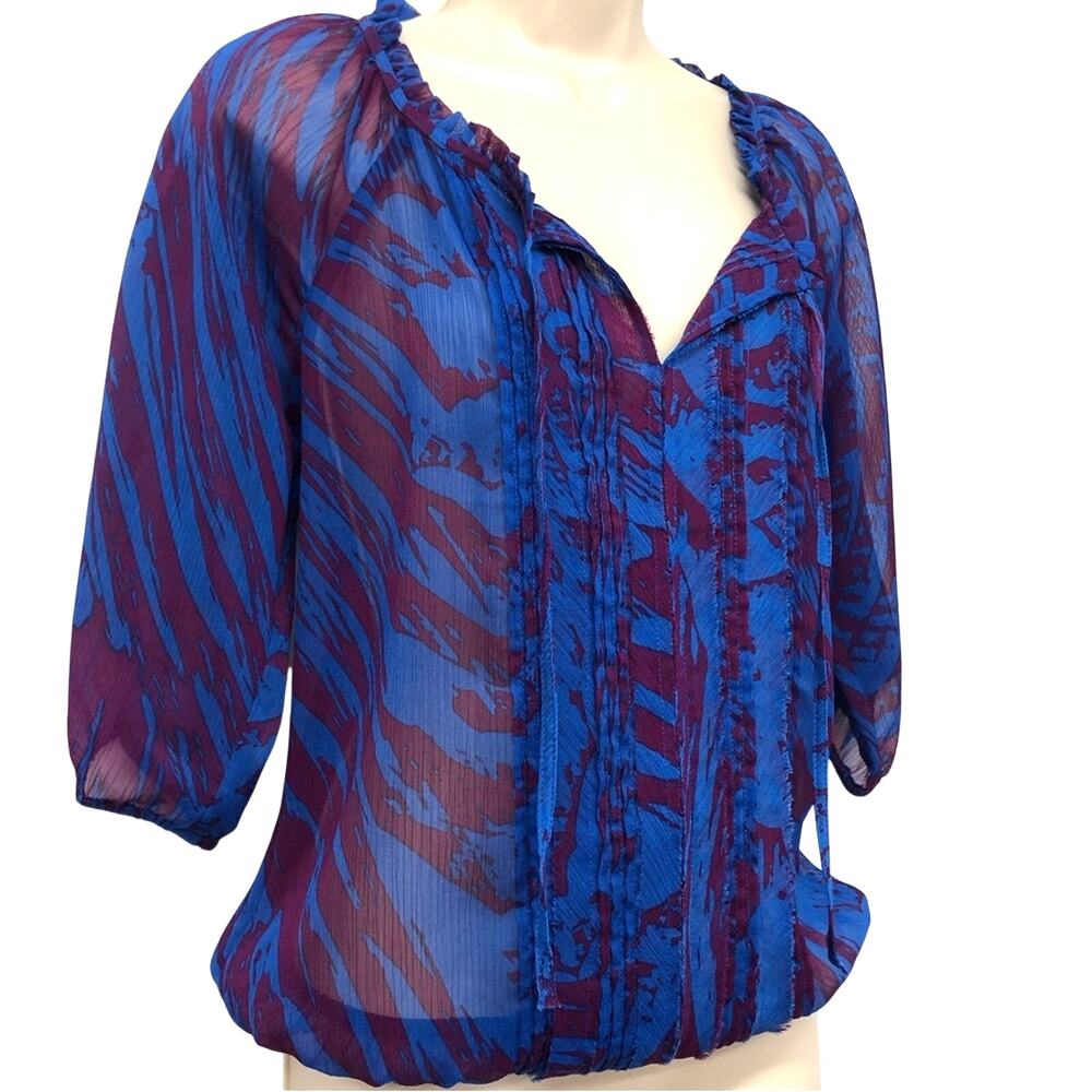 Express Blue Purple Pop Over Top Gauzy Jewel Tones Split V Neck Tie Raw Edge